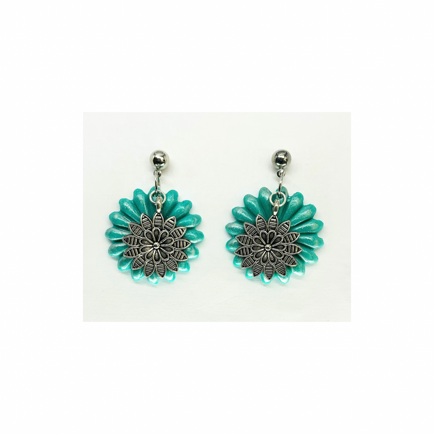 Turquoise Flower Dangle with Silver Flower Charm on Ball Silver Ball Stud Earrings-Crafting By BB