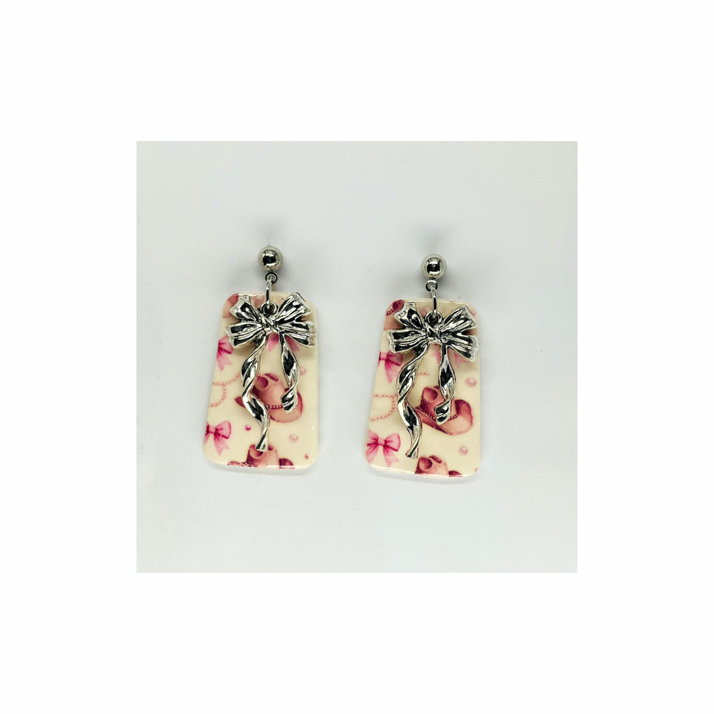 Pink Cowboy Hat with Silver Bows on Silver Ball Stud Earrings-Crafting By BB