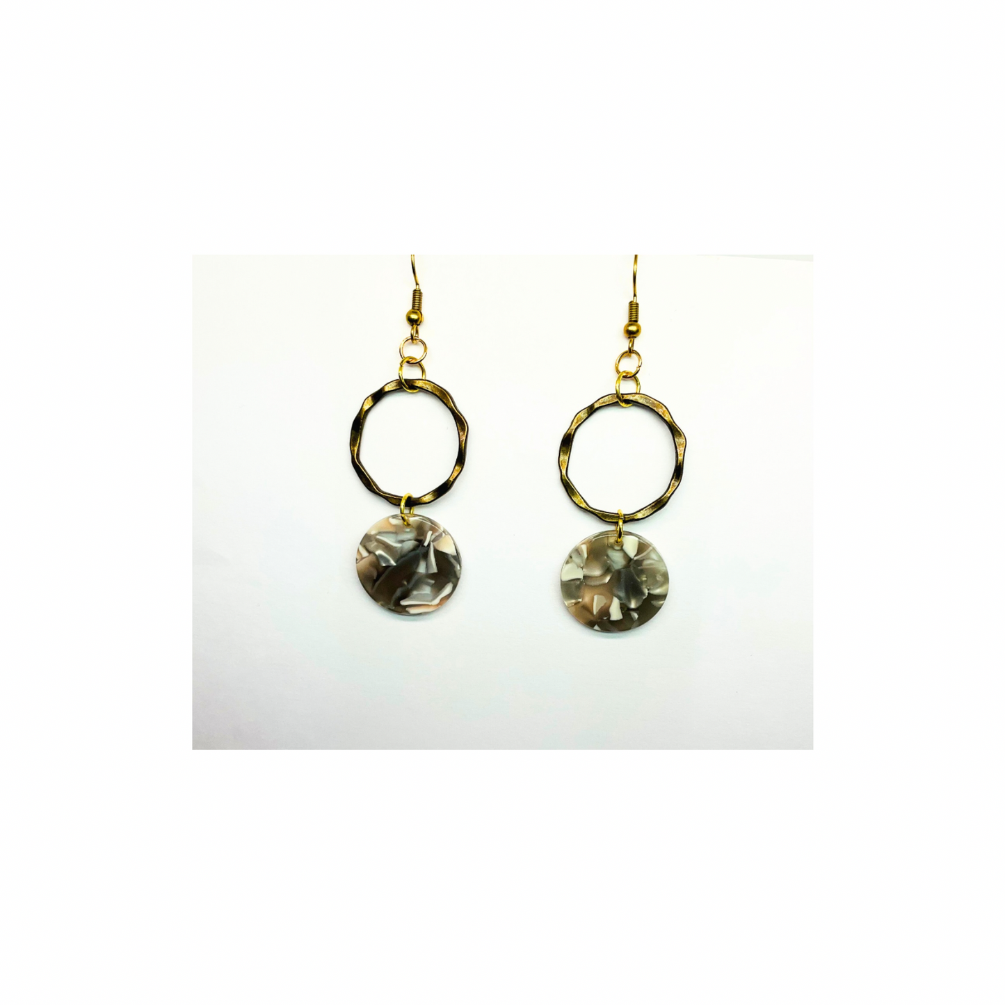 Tortoise Collection Gray and Beige Circle Gold Dangle Earring with Unique Tortoise Shell Design