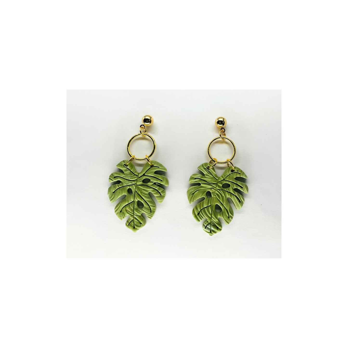 Green Leaf Dangle with Gold Ball Stud Earring-Crafting By BB