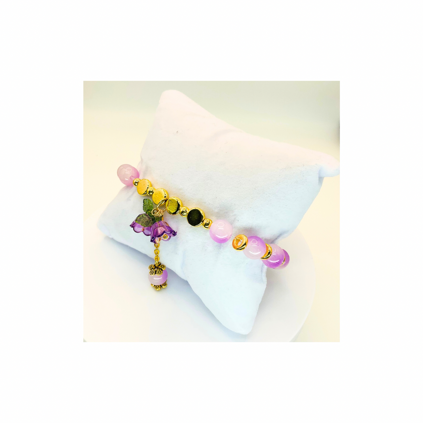 Purple Variegated Beads with Purple Flower Charm Stretch Bracelet