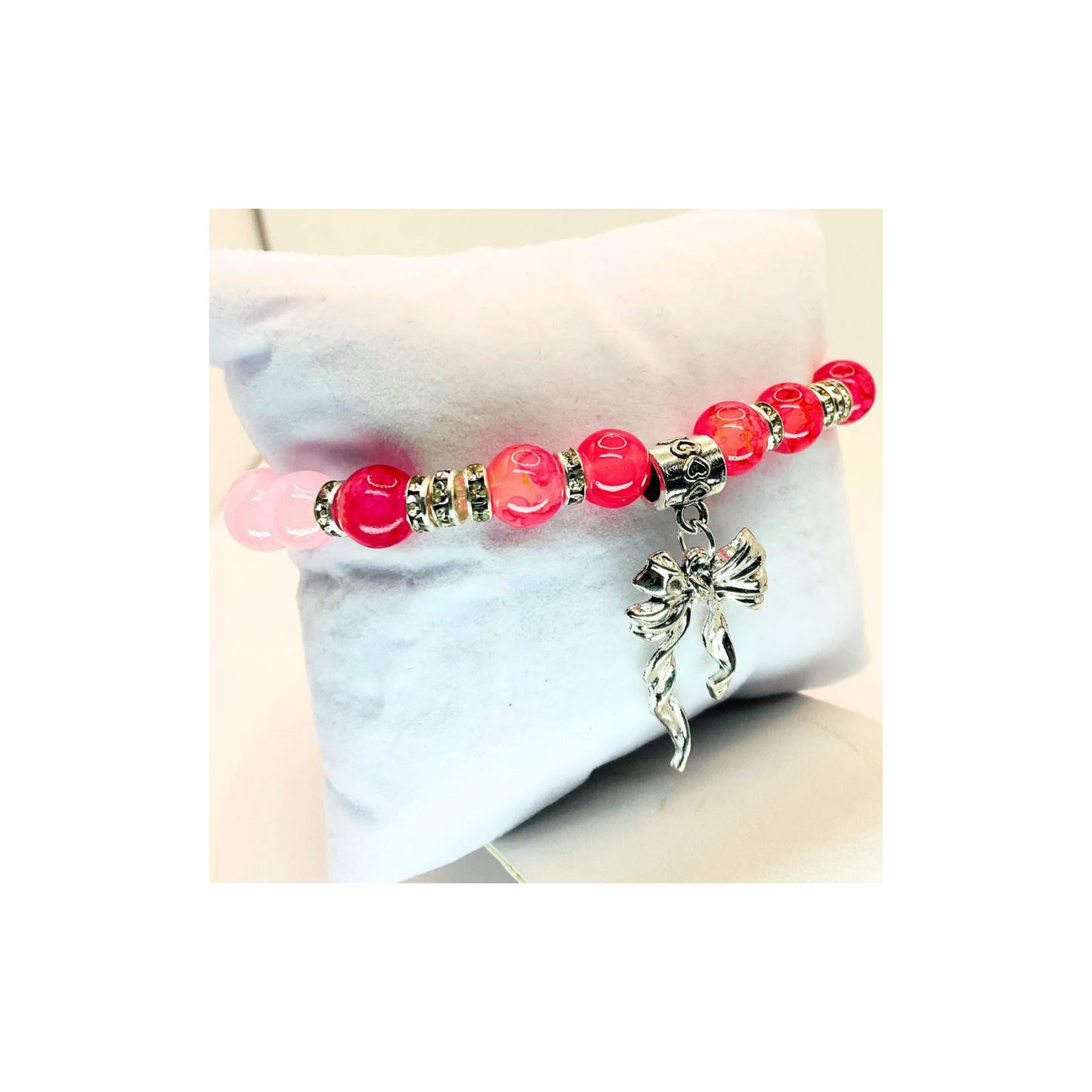 Pink and Silver Beaded Stretch Bracelet with Silver Bow Charm-Crafting By BB