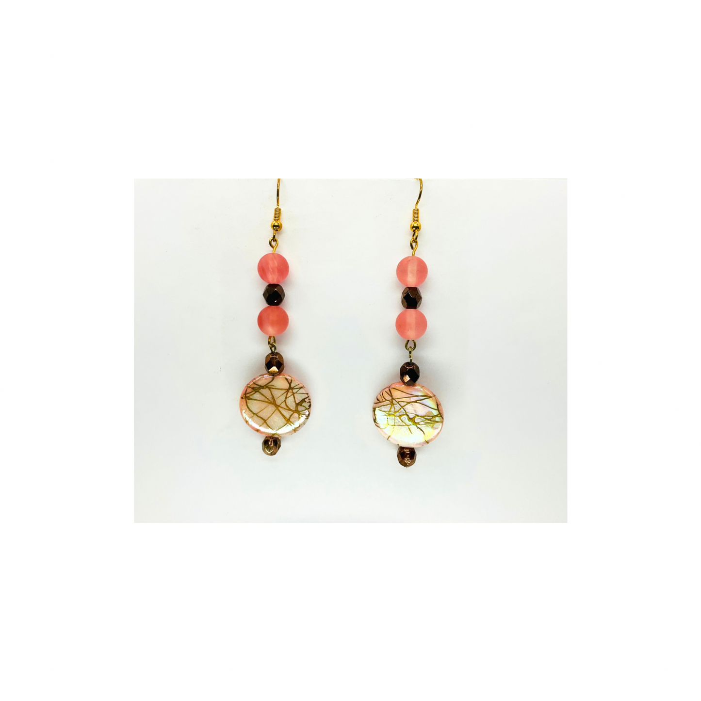 Pearl Pink and Gold Disk Dangle with Pink and Bronze Beads