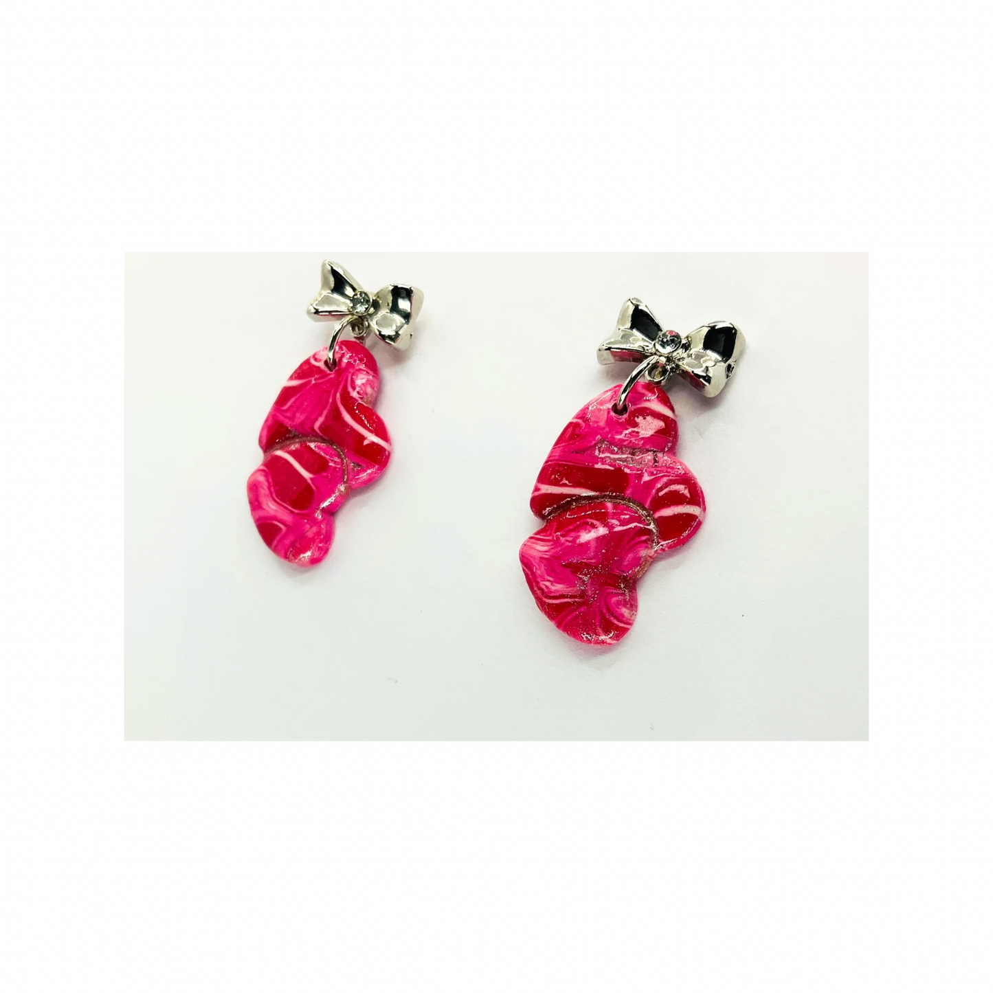 Pink Marble Double Heart Dangle &amp; Silver Heart Studs