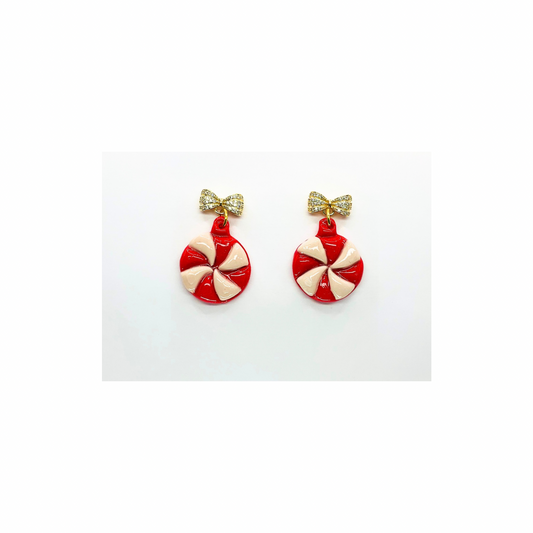 Starlight Peppermint with Gold Rhinestone Bow Stud Dangle Earrings Red & White Candy Design
