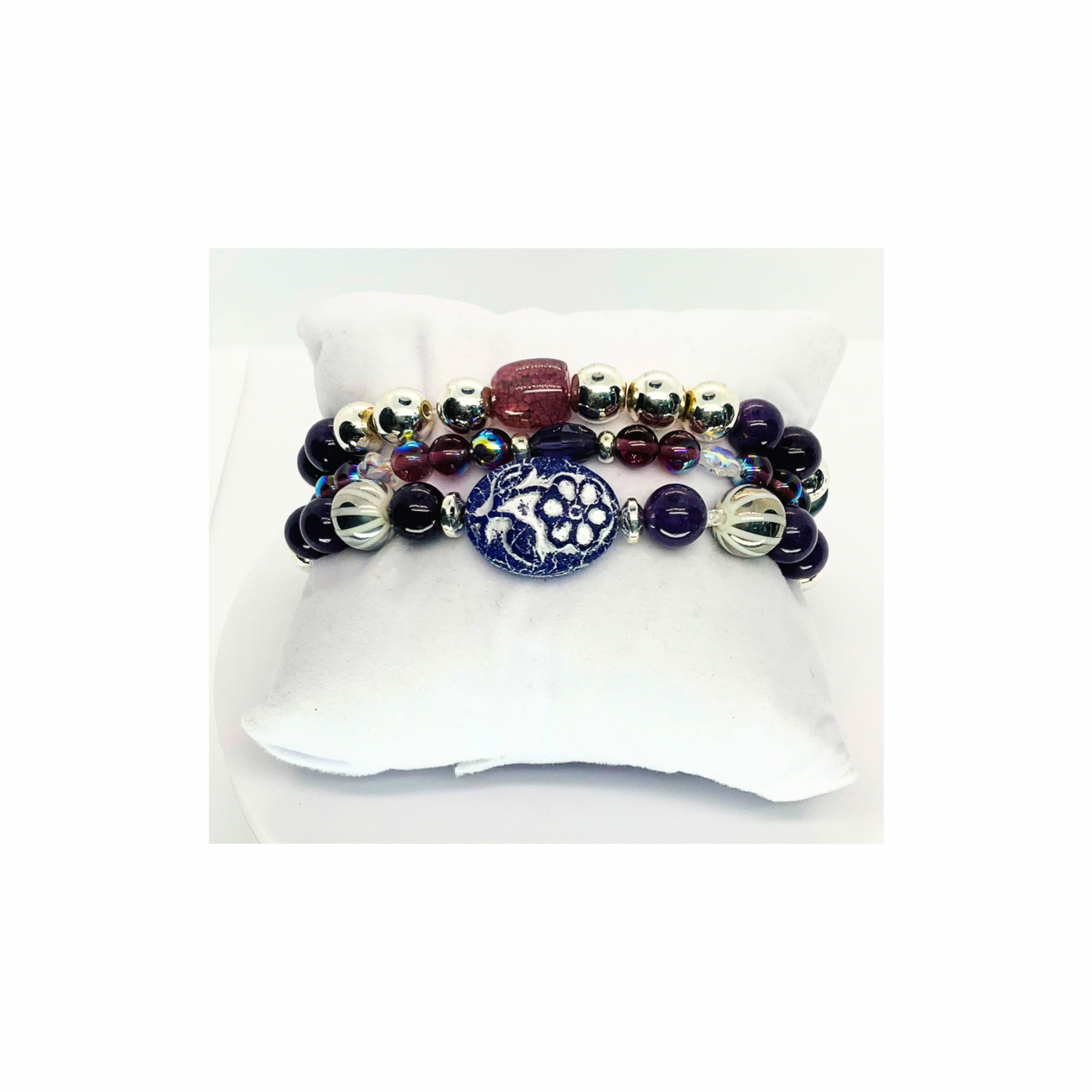 Eggplant Purple Stacked Stretch Set of Three Bracelets with Unique Beads & Floral Design for Everyday Wear