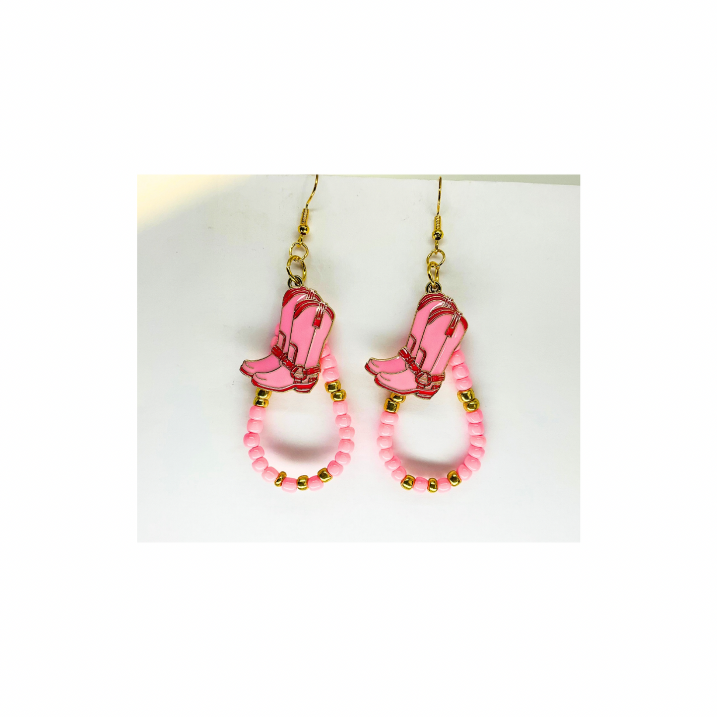 Pink Beaded Teardrop Dangle with Pink Boot Charm Earrings