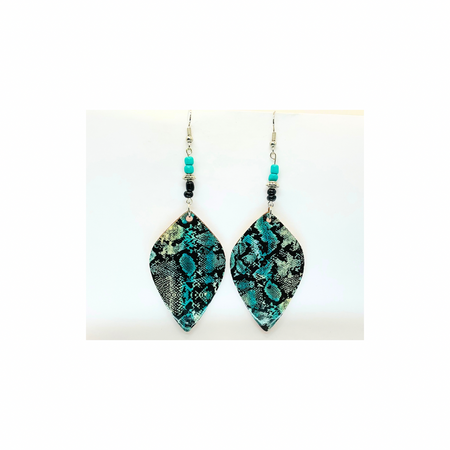 Turquoise and Black Snake Skin Lightweight Wood Dangle Earrings