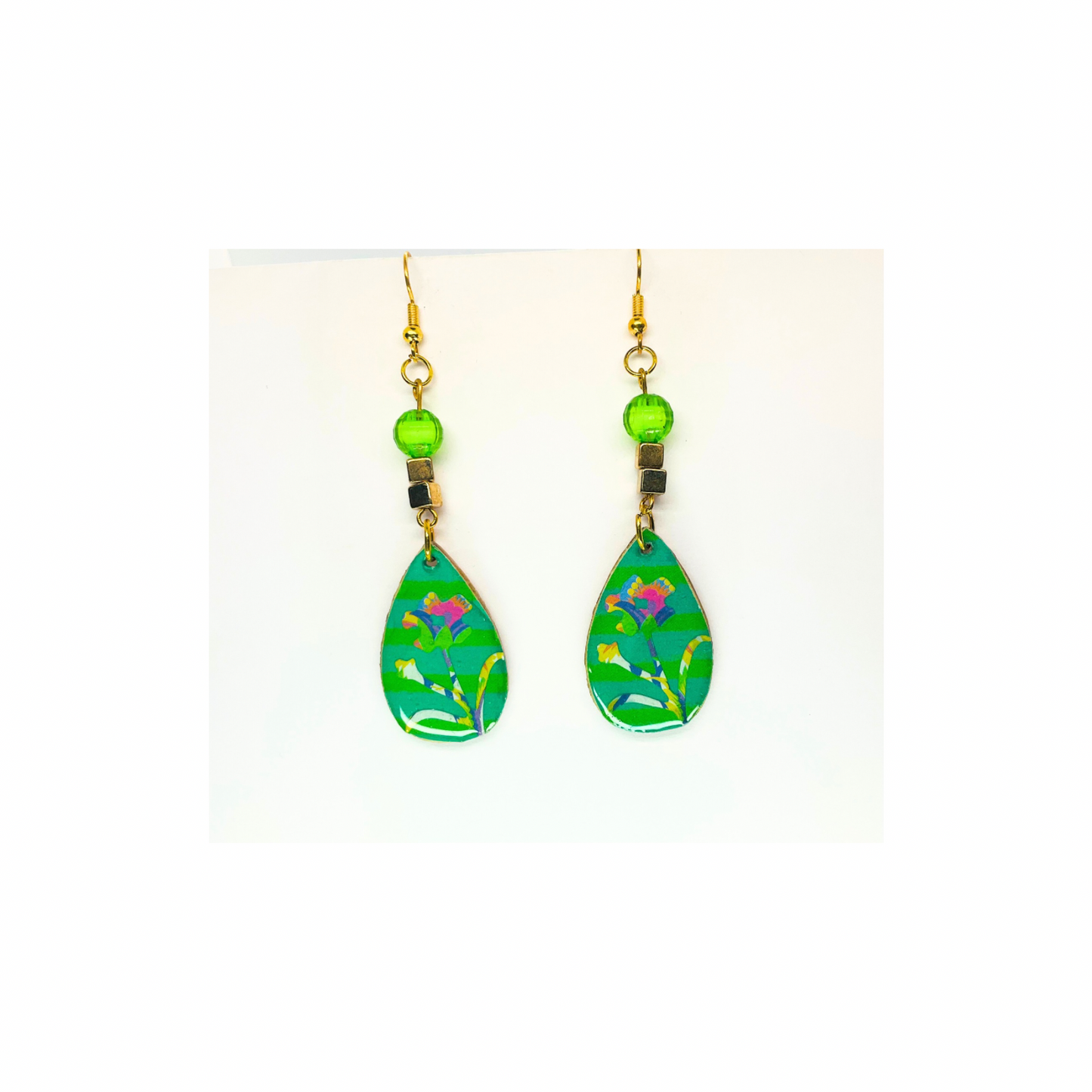 BOHO Wood Dangle Teardrop Earring Handmade with Flower Motif & Green Bead Top Quality Handcrafted Jewelry