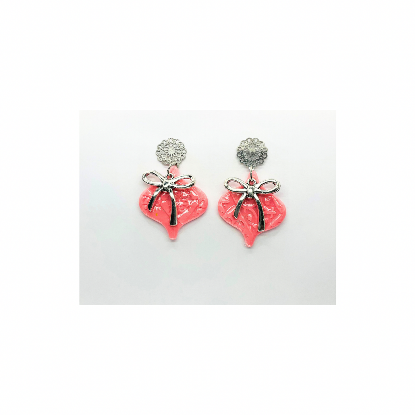 Pink Ornament Earrings with Silver Bow and Stud Dangle for Women