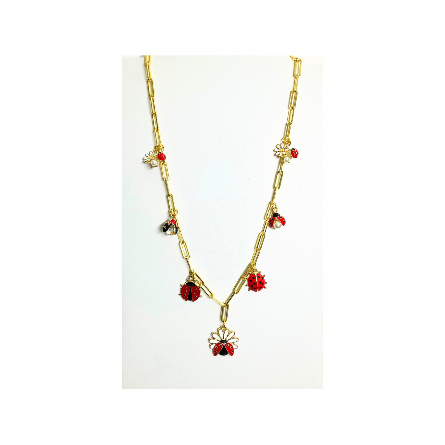 Gold Paperclip Chain Ladybug 18-inch Charm Necklace with Red Beads and Floral Accents for Women