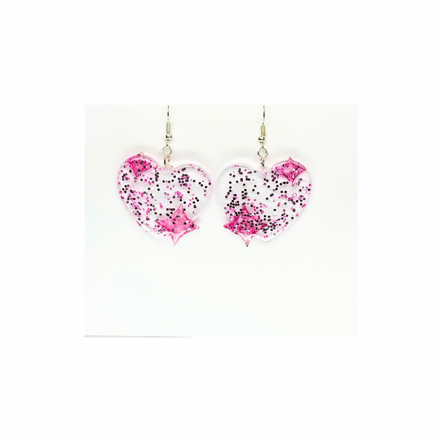 Pink Sparkle Heart Earrings  Dangle Style with Pink Glitter & Silver Hook Carrier Unique Handcrafted Jewelry