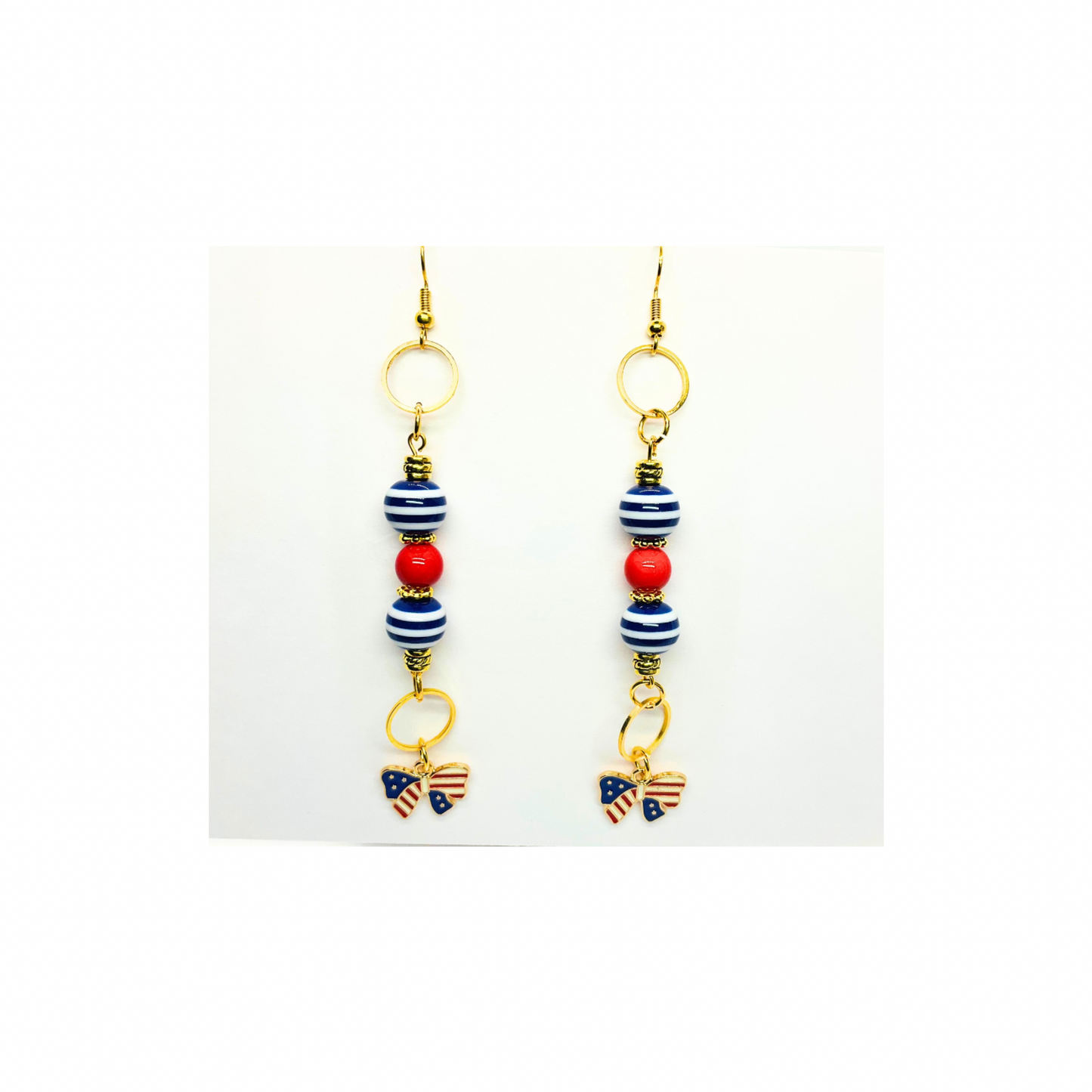 Patriotic Collection Long Beads with Bow Charm Dangle Earrings Red White Blue Striped Beads Gold Accents