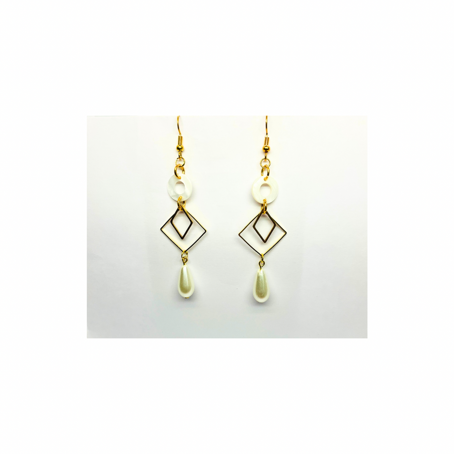 Spot Cream and Gold Collection Pearl Charm Dangle Earrings with Geometric Design and Pearl Drop Jewelry