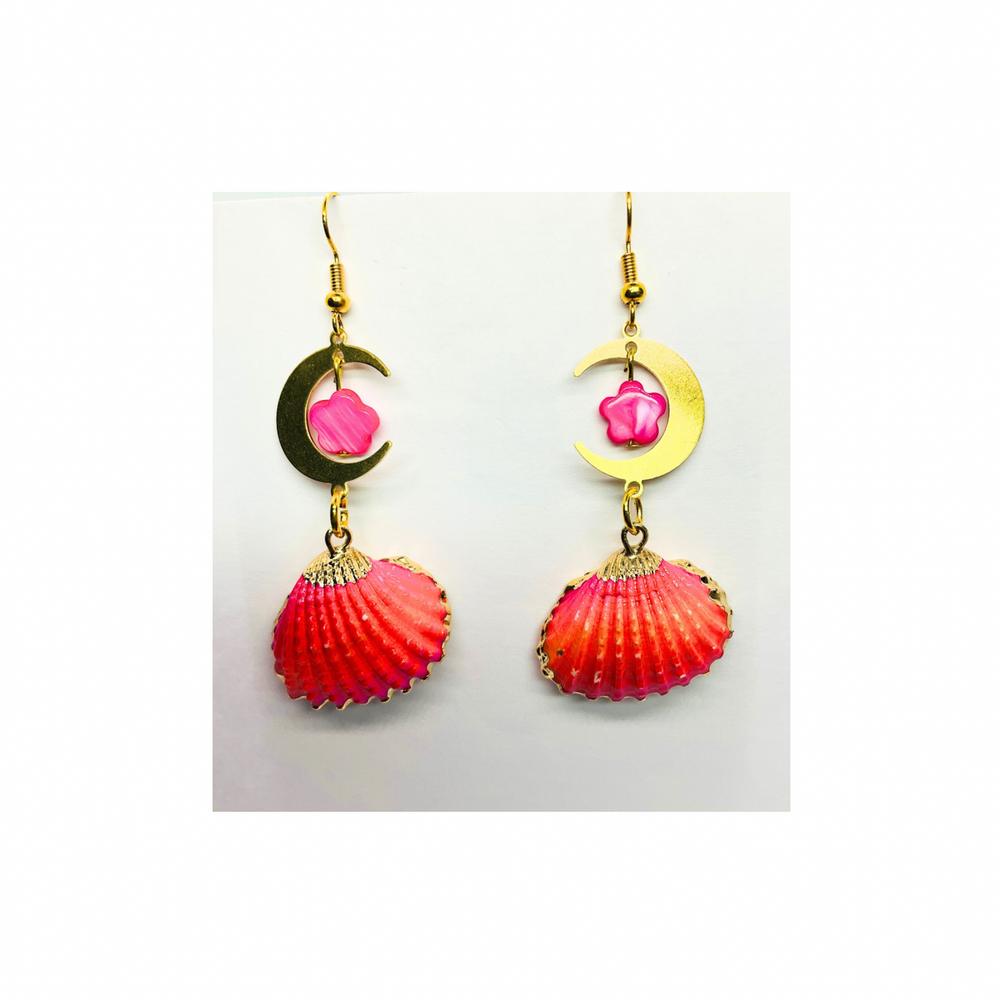 Pink Shell Collection Pink and Orange Shell with Gold Half-Moon Dangle Earrings for Women Elegant Design Versatile Appeal