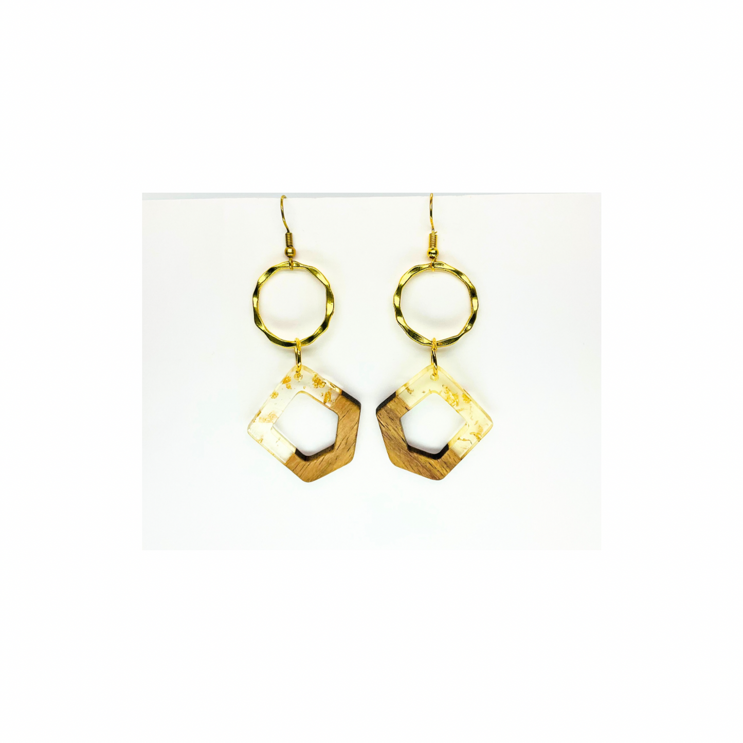 Boho Wood Collection Dangle Earrings - Gold-Tone Geometric Design with Circular Hoops and Square Pendants