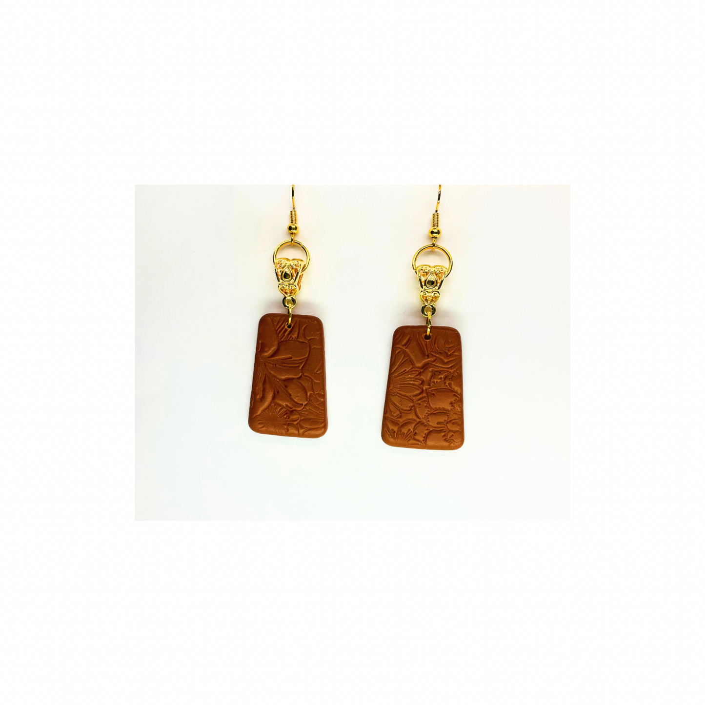 Leather Look Bronze with Gold Hoop Dangle Earrings - Rectangular Design & Gold Hooks