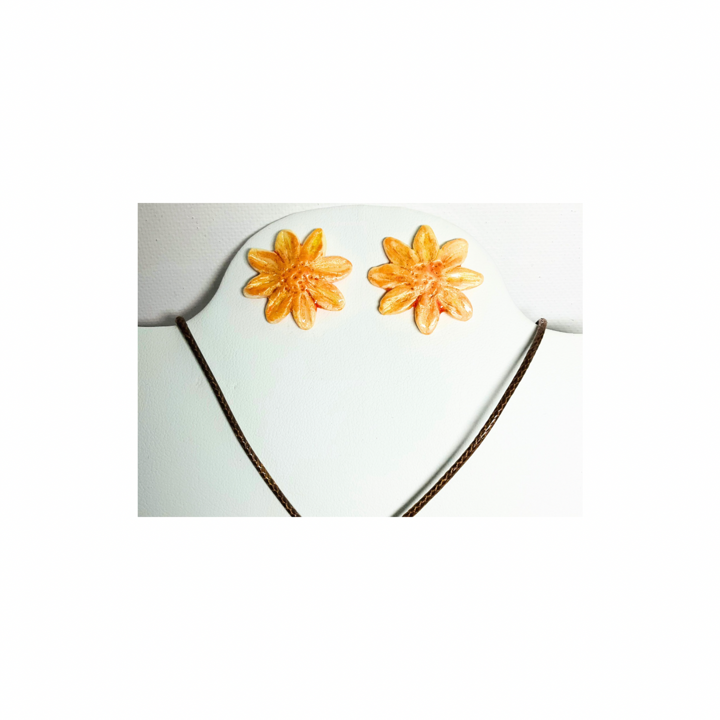 Sunflower Yellow Flower Clay Jewelry Set Handcrafted Polymer Clay Necklace & Stud Earrings Brown Rope Chain Unique Handmade Gift