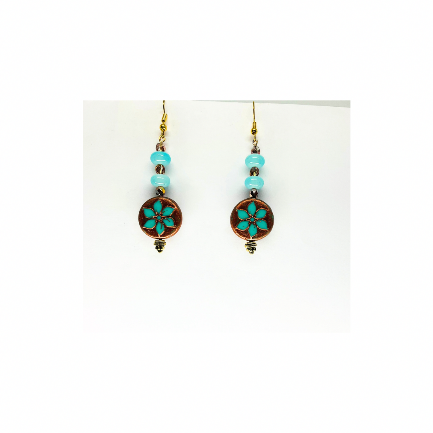 Dangle Earrings Bronze Round Blue Flower with Bead Accent