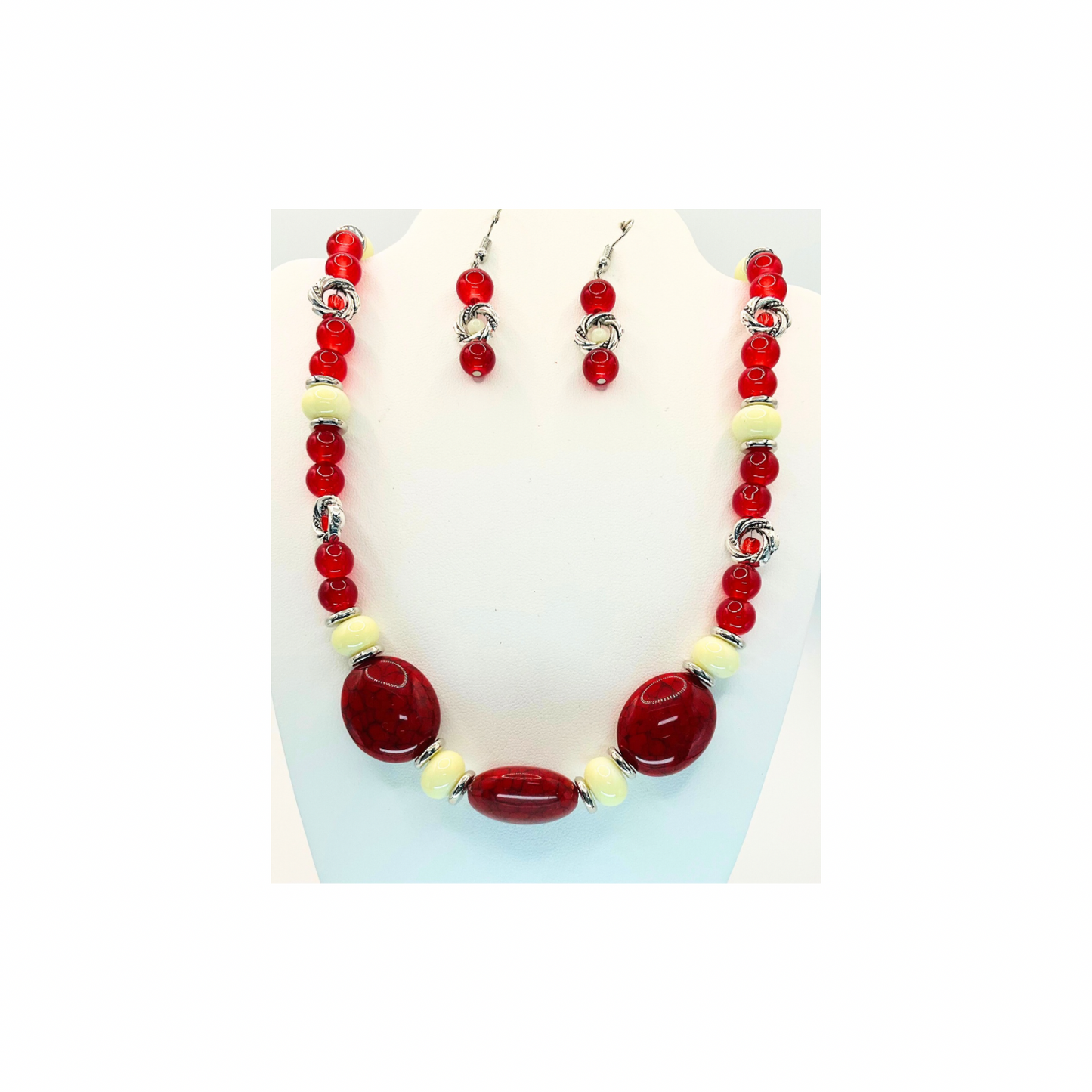 Crimson Red and Cream Beaded Necklace with Dangle Earring Set for Women's Fashion Jewelry