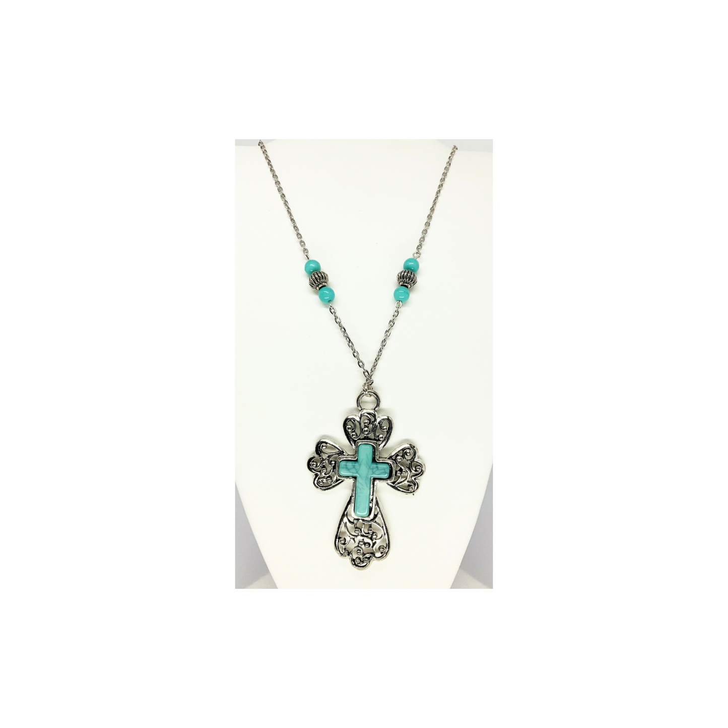 Long Turquoise and Silver Cross Necklace|Drop Length 18-inch|Crafting By BB