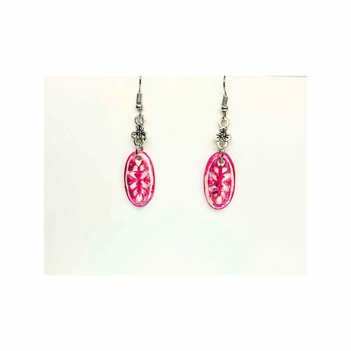 French Garden Collection Pink Oval with Silver Flower Dangle Earring for Women