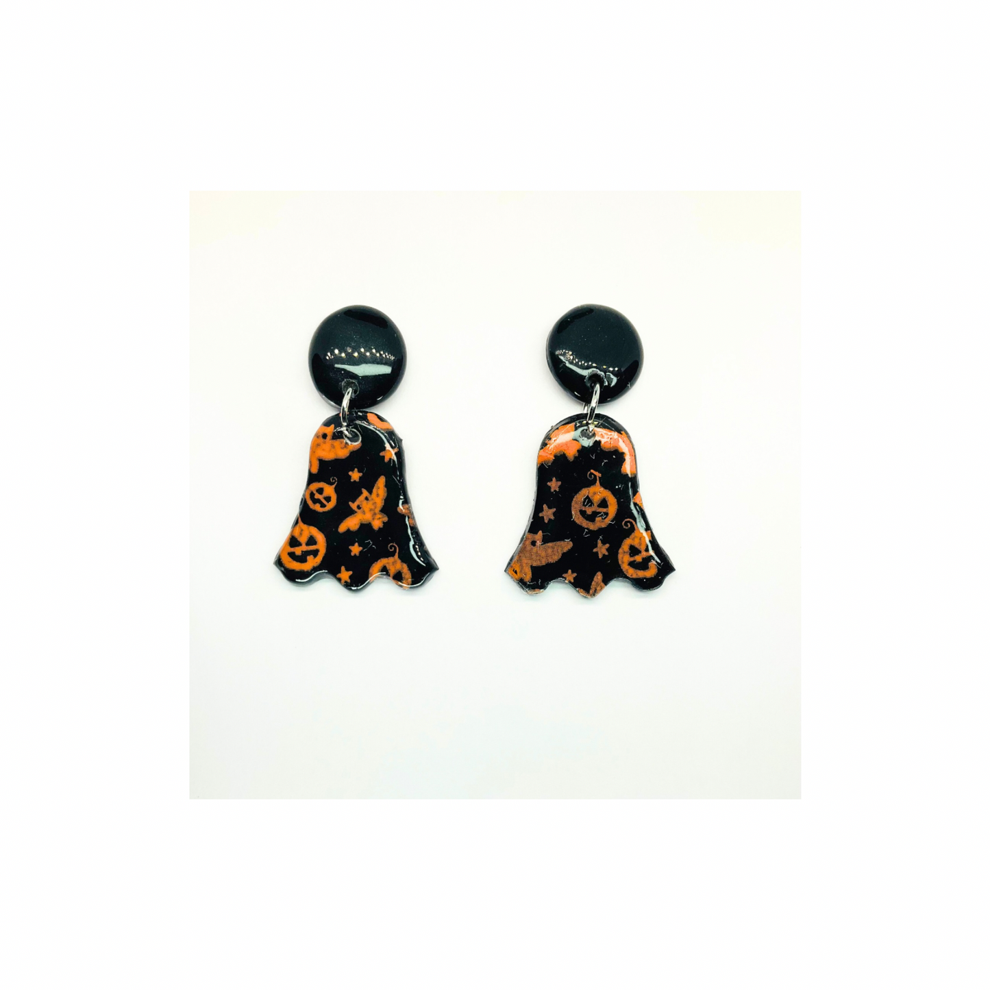 Fall Collection Black and Orange Ghost with Stud Button Dangle Earring Halloween Design