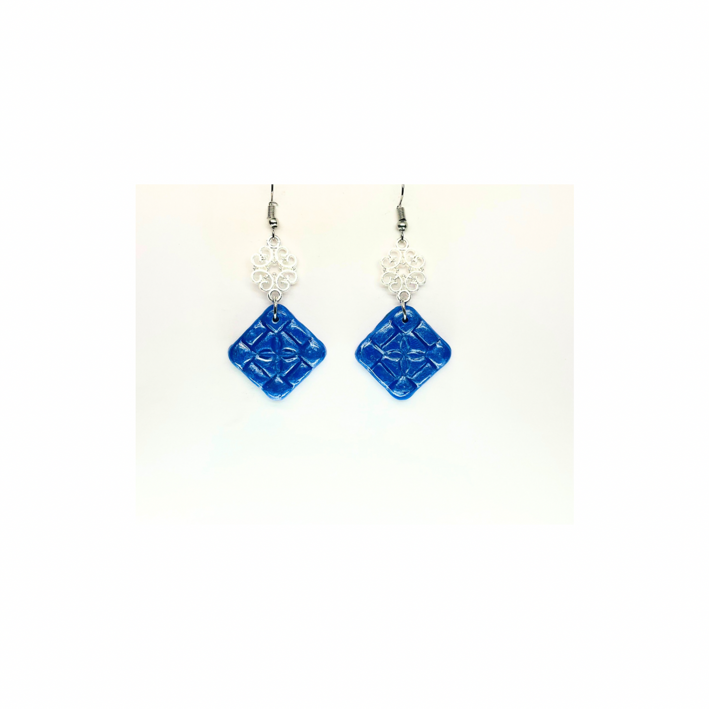Blue Tile 133 with Silver Charm Dangle Earrings - Square Design & Blue Color Only