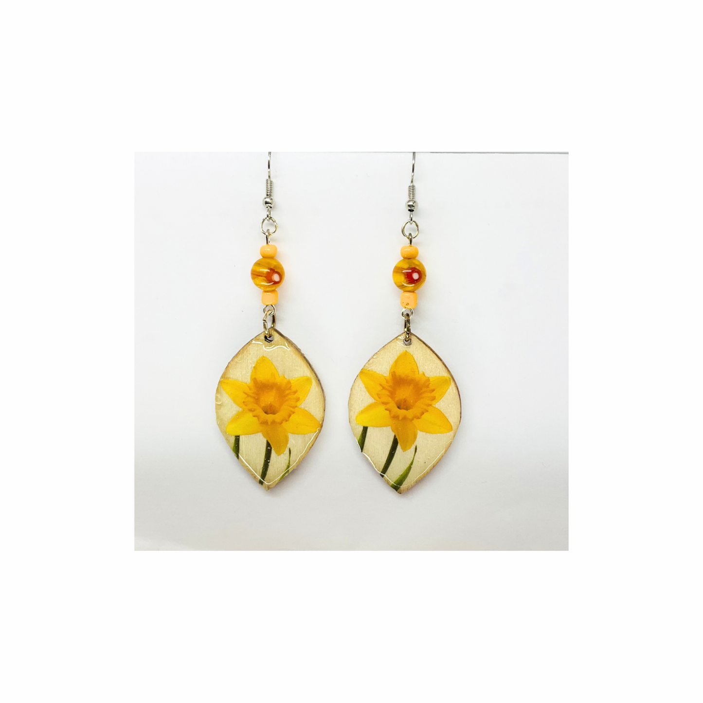 Yellow Flower Wood Dangle with Bead Embellishment Earrings-Crafting By BB