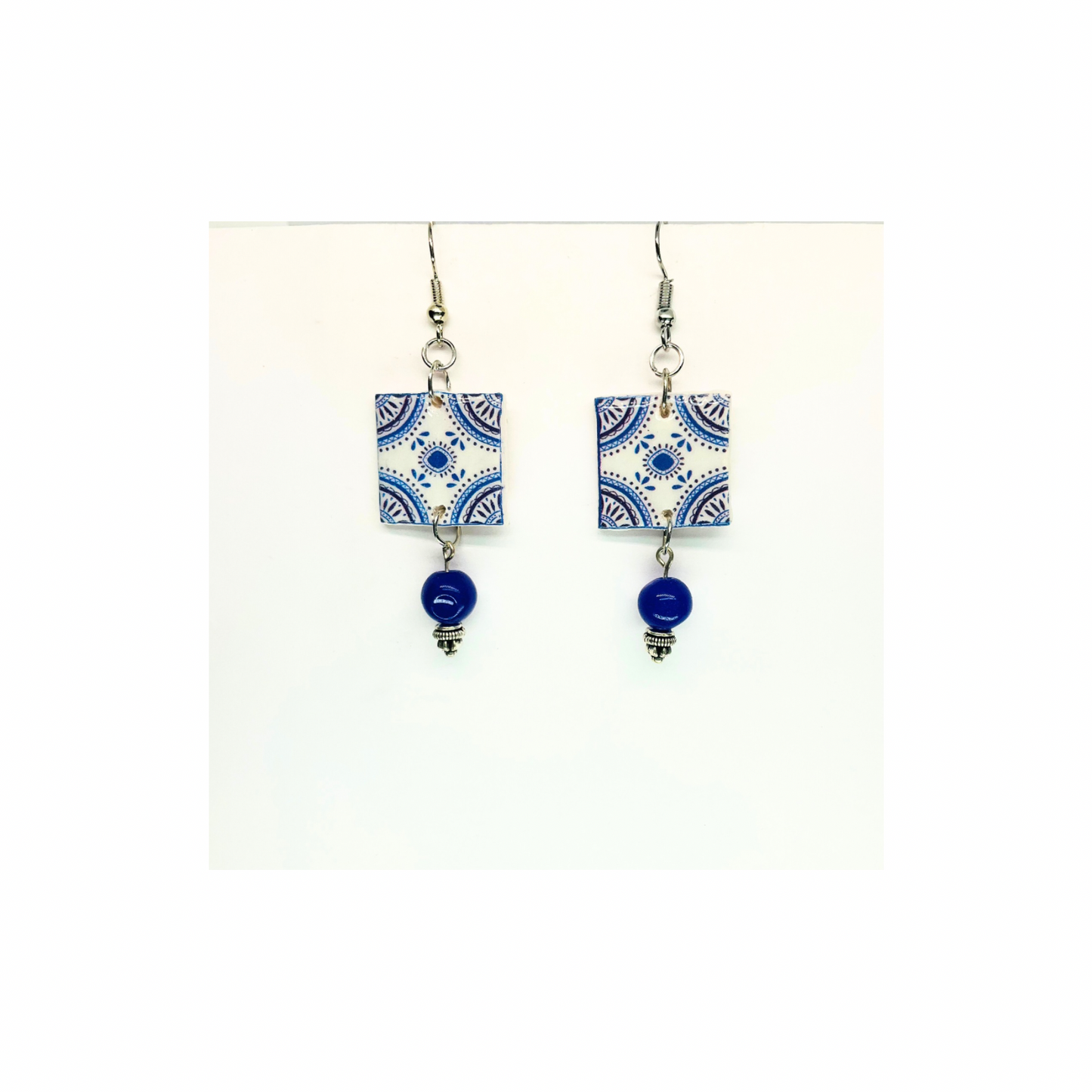 French Garden Collection Blue White Garden Tile Dangle Earring with Blue Bead Accents