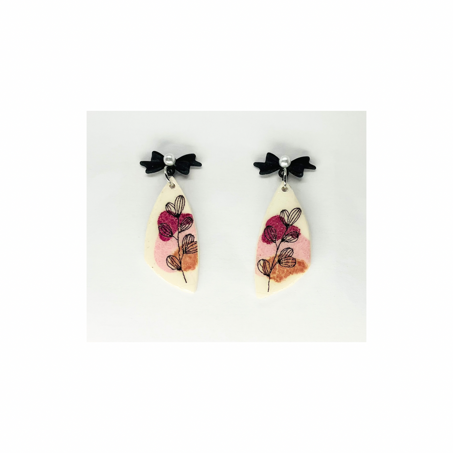 Flower Line Art Dangle with Black Pearl Bow Stud Earring-Crafting By BB