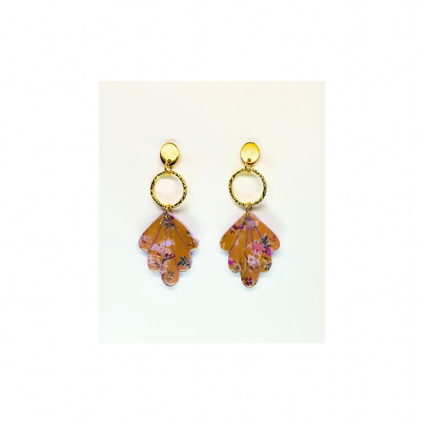 Purple and Beige Dangle with Gold Circle Stud Earrings
