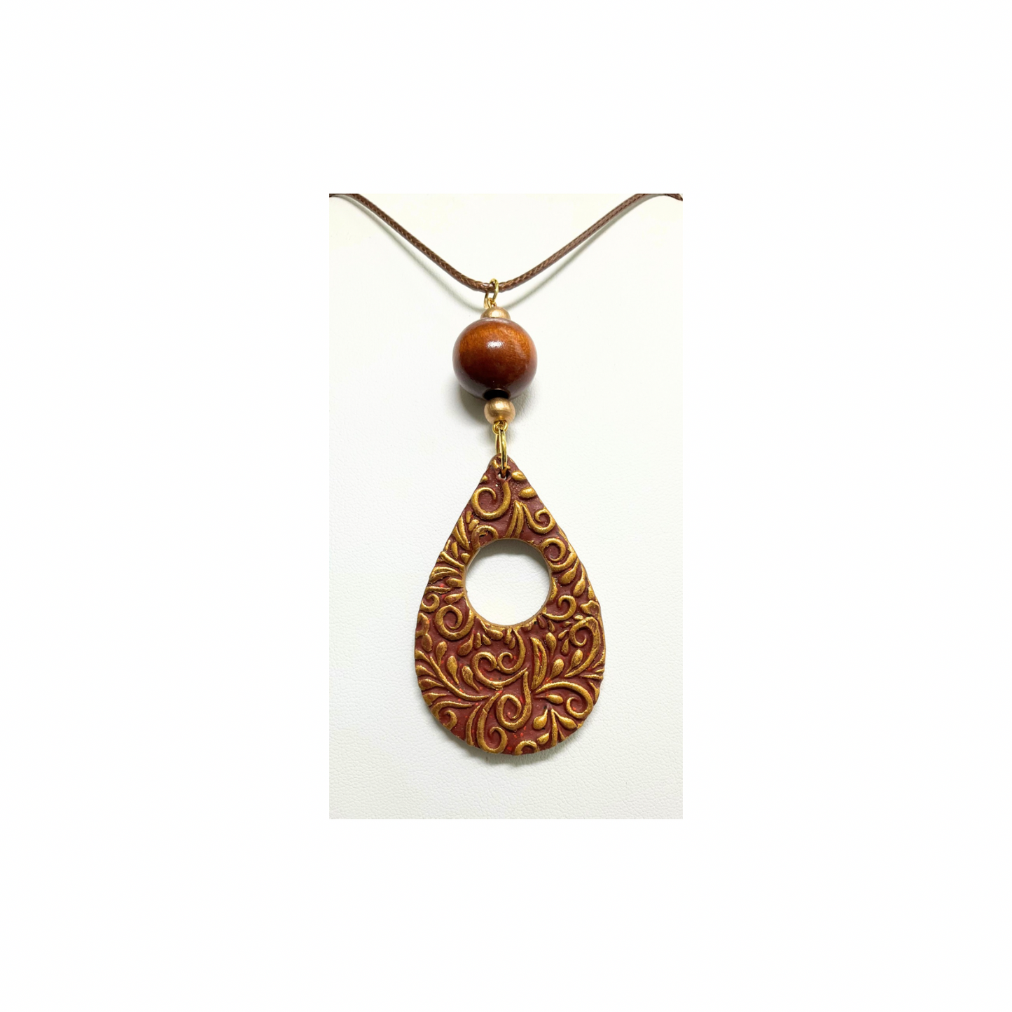 Sienna and Gold Teardrop Pendant with Beads on 18-inch PU Leather Necklace - Elegant Design Jewelry