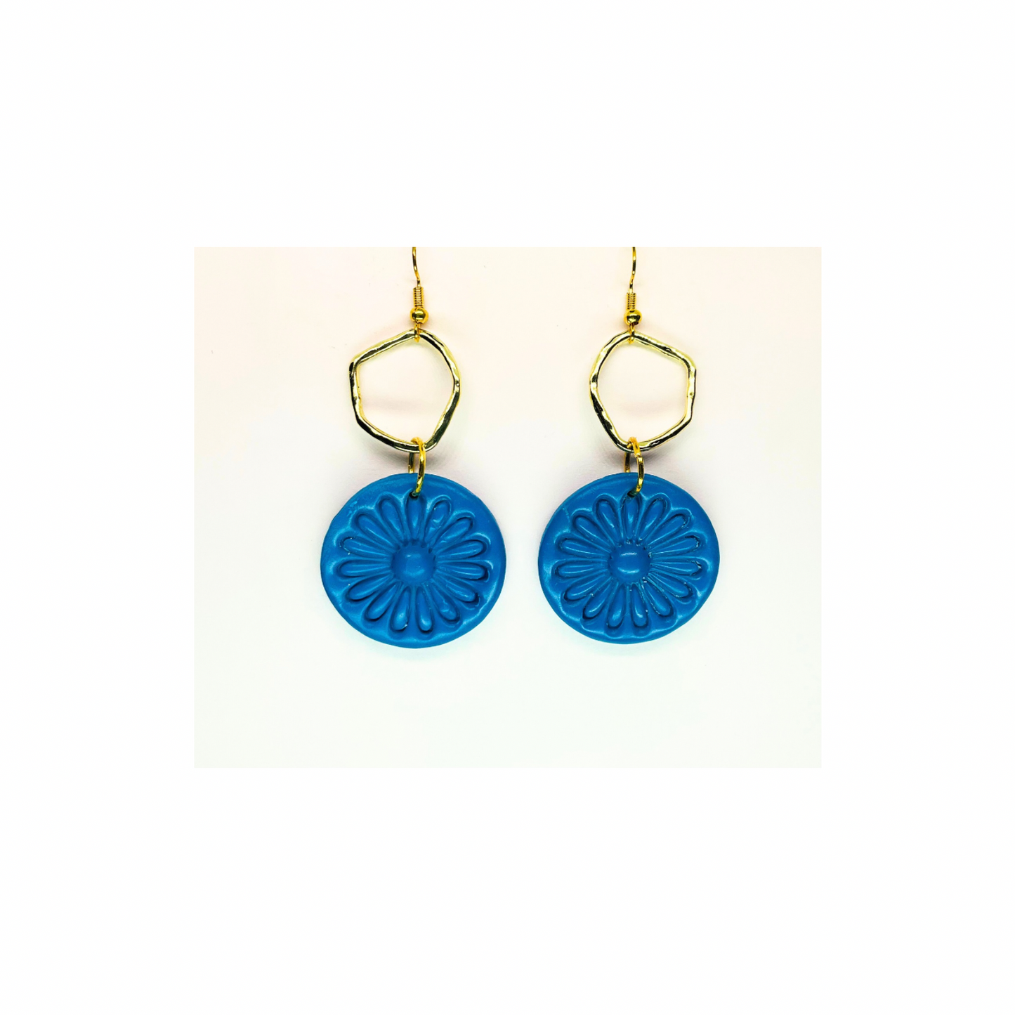 Blue Circle with Gold Accents Dangle Earrings - Unique Design Featuring Blue Circular Charms and Gold Accents