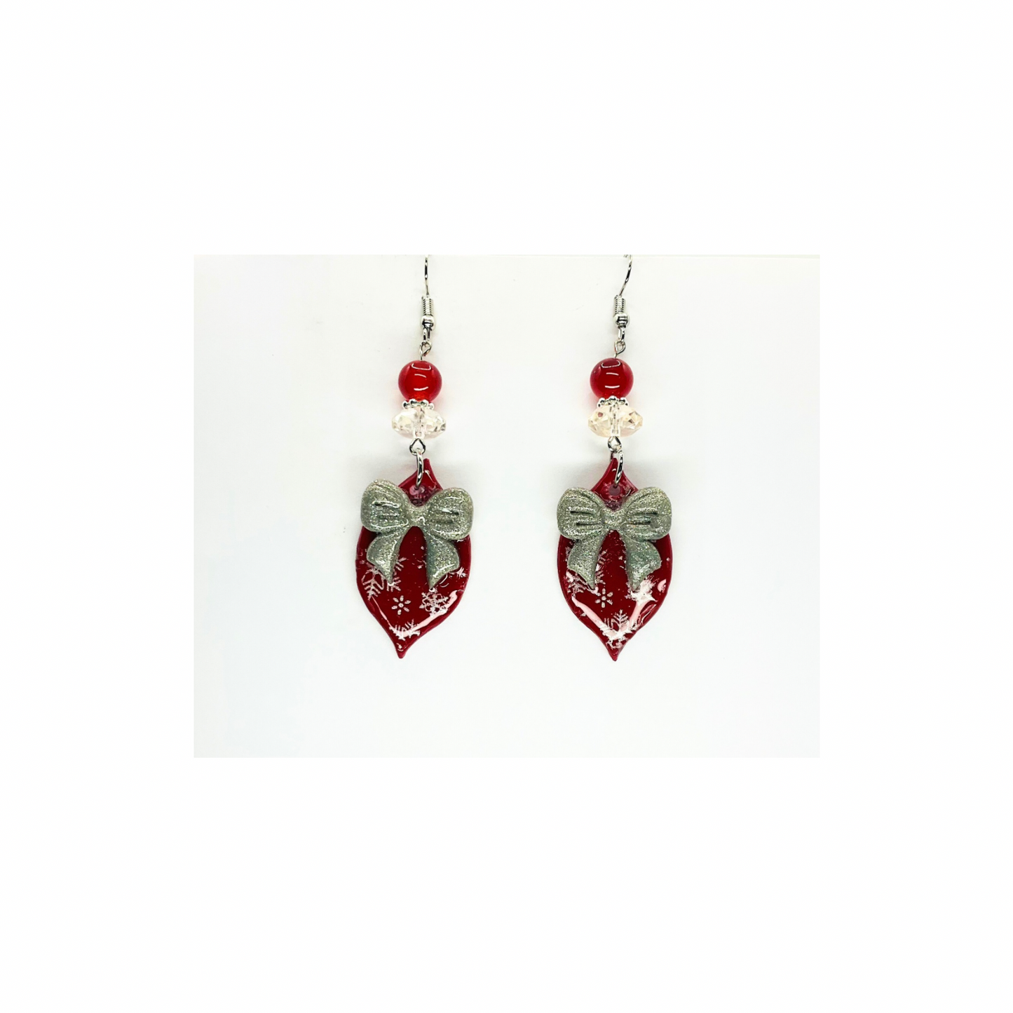 Red Ornament with Silver Bow Embellished with Beads Dangle Earring for Festive Wear