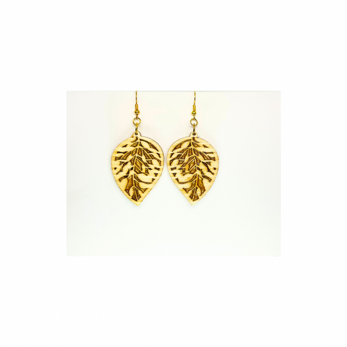 Wood Leaf Earrings with Gold Accent - Tan Wood Drop Design with Gold Resin Veins