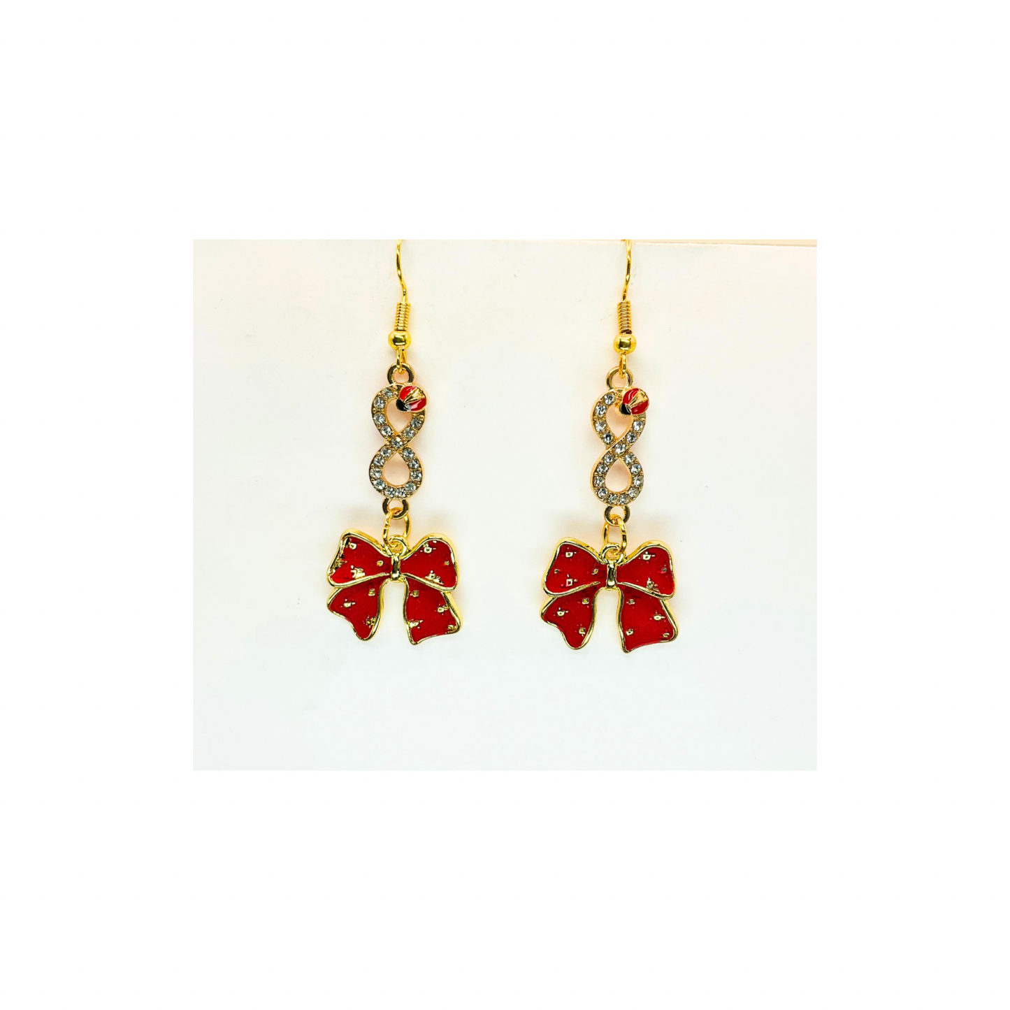 Red and Gold Bow with Ladybug Rhinestone Dangle Earring