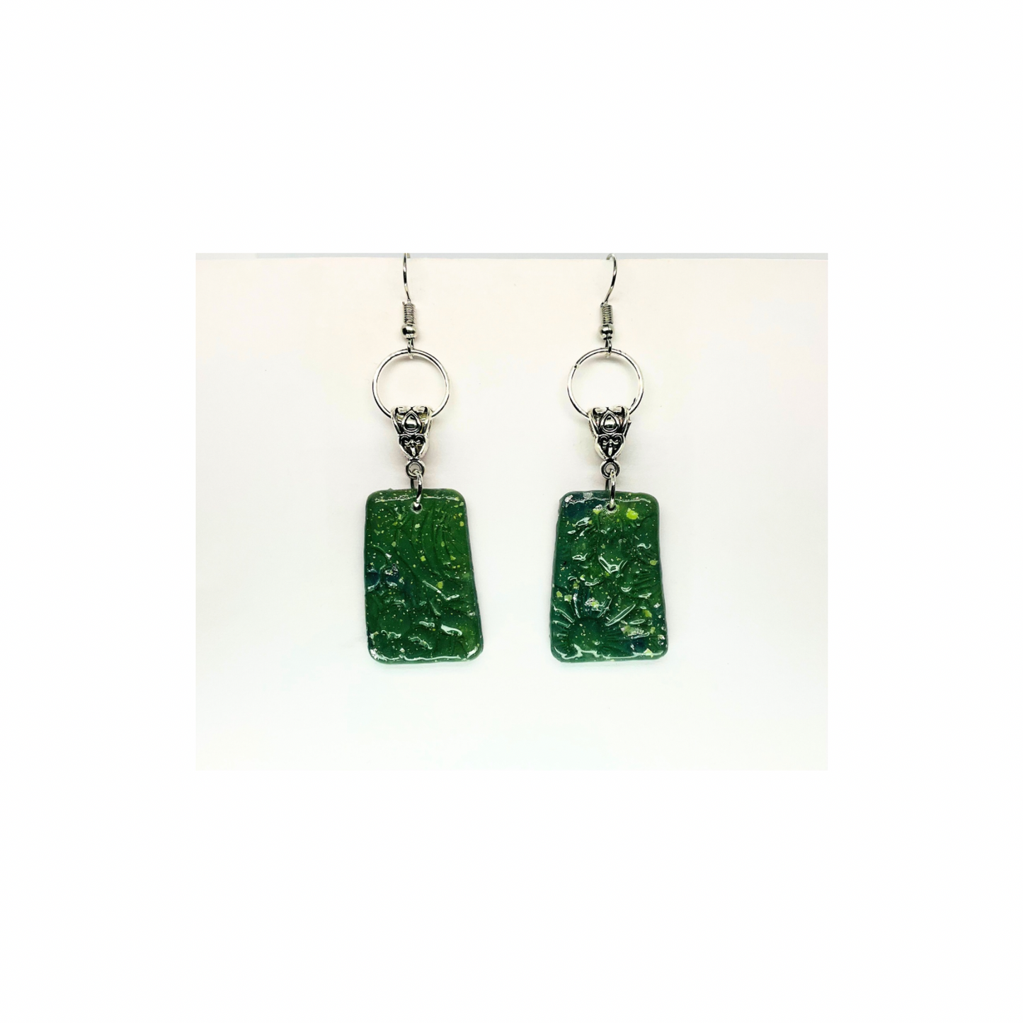 Jade Green Color with Silver Circle Dangle Earring - Simple Design Earrings Featuring a Rectangular Shape and Silver Circle Accent