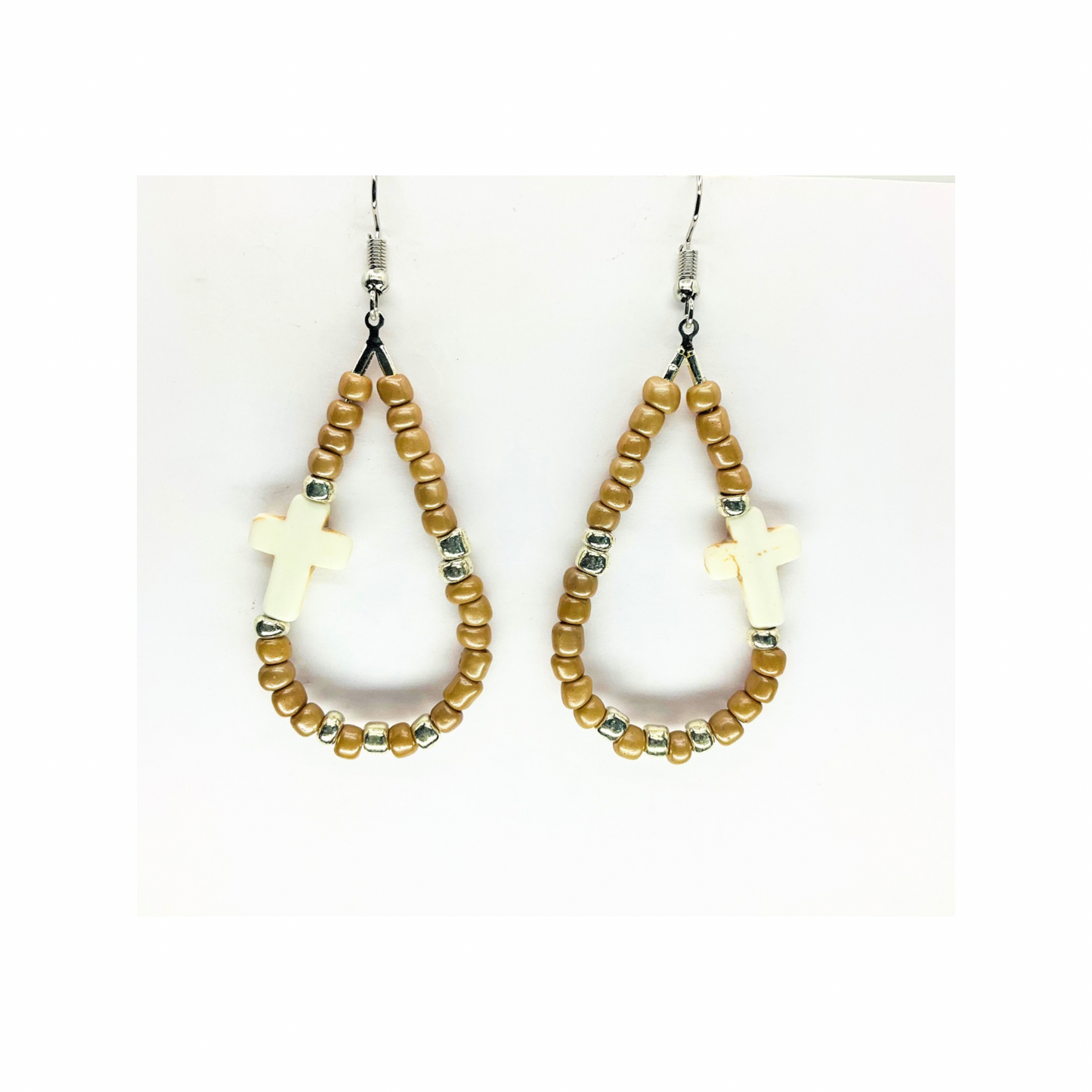 Tan Beaded Teardrop Dangle with Cream Cross, Boho Jewelry