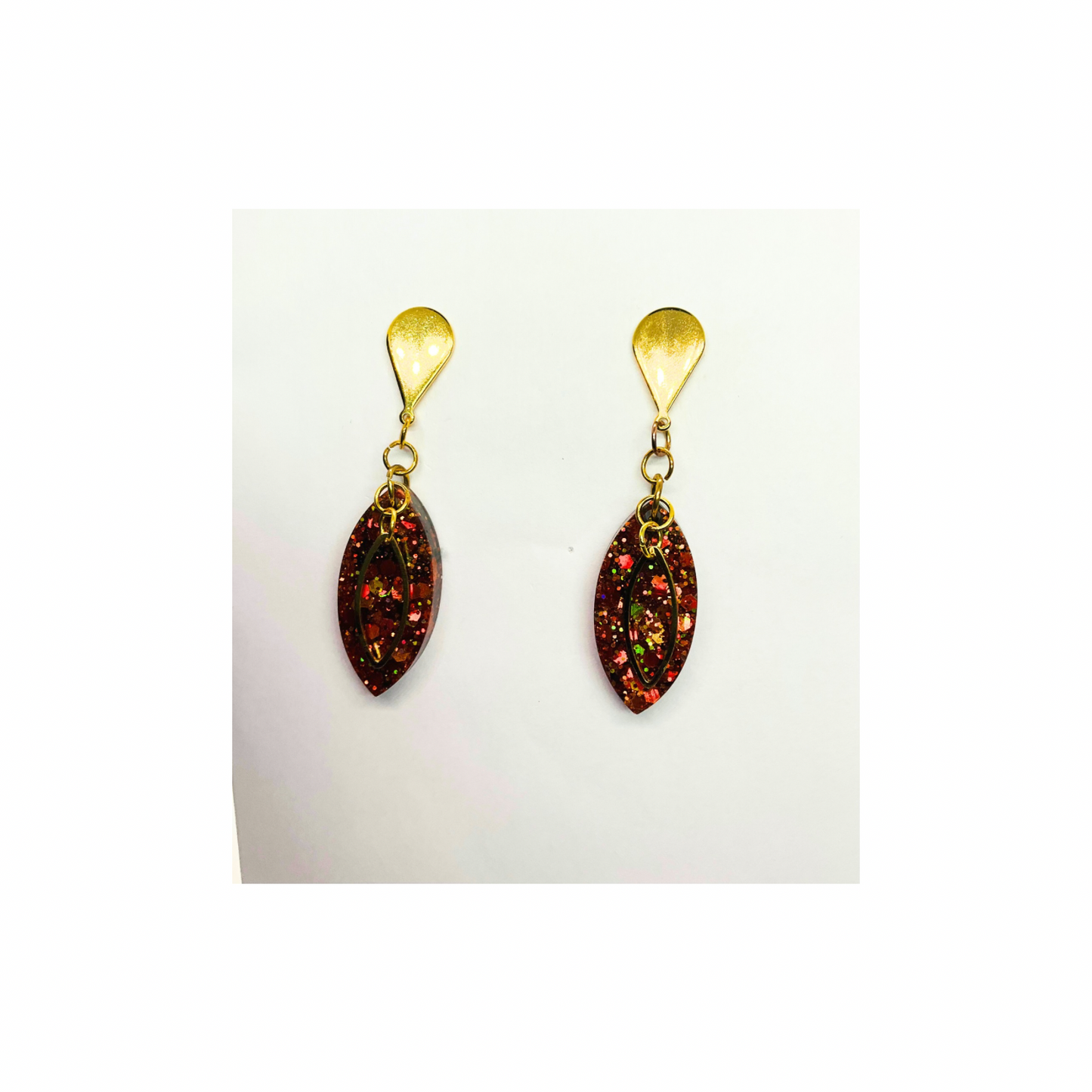 Gold Sparkle Stud Dangle Earrings - Handmade Gold Resin Teardrop with Chunky Glitter & Embellishment