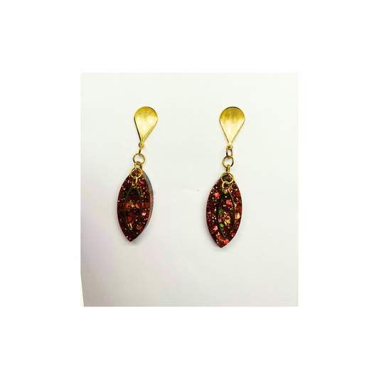 Gold Sparkle Stud Dangle Earrings - Handmade Gold Resin Teardrop with Chunky Glitter & Embellishment