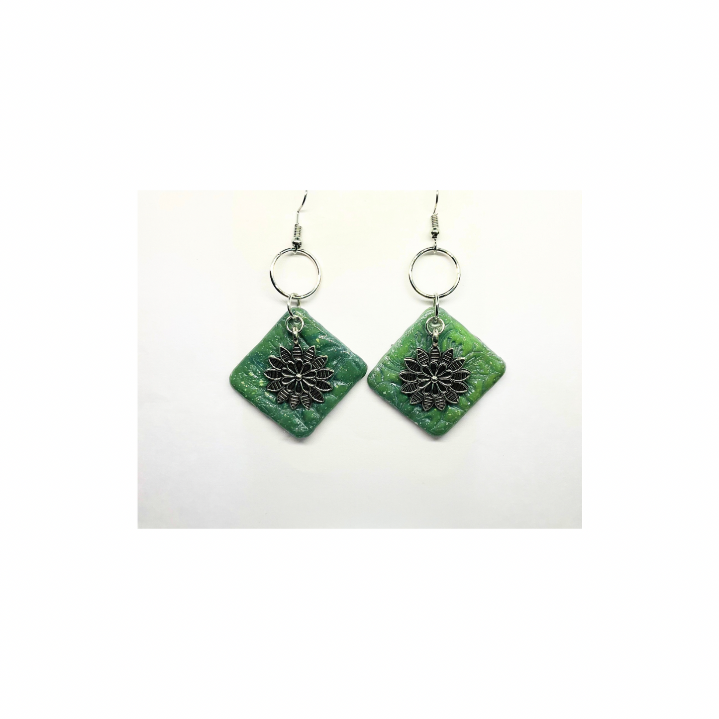Jade Green Color Square with Silver Flower Charm Dangle Earrings Unique Design Jewelry Accessory for Female