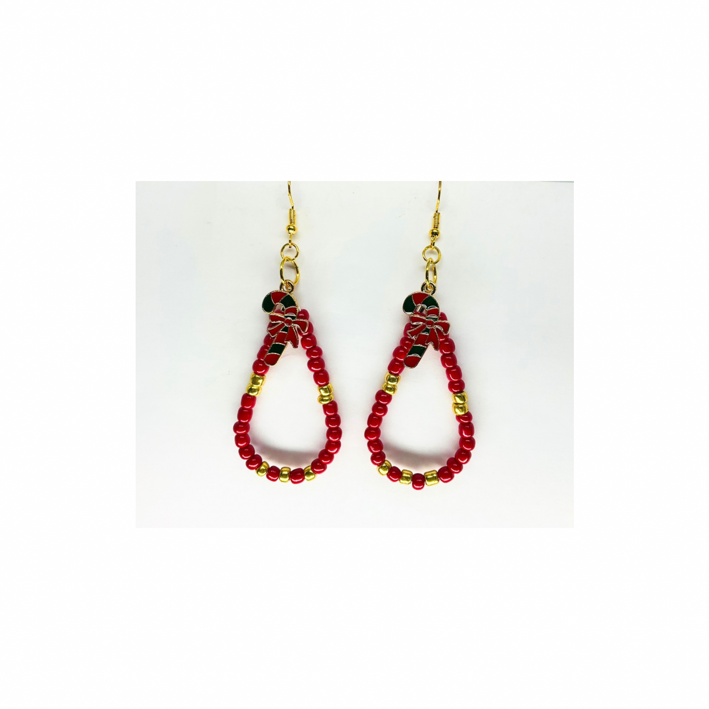 Teardrop Red and Gold Beaded Dangle with Candy Cane Charm Earrings