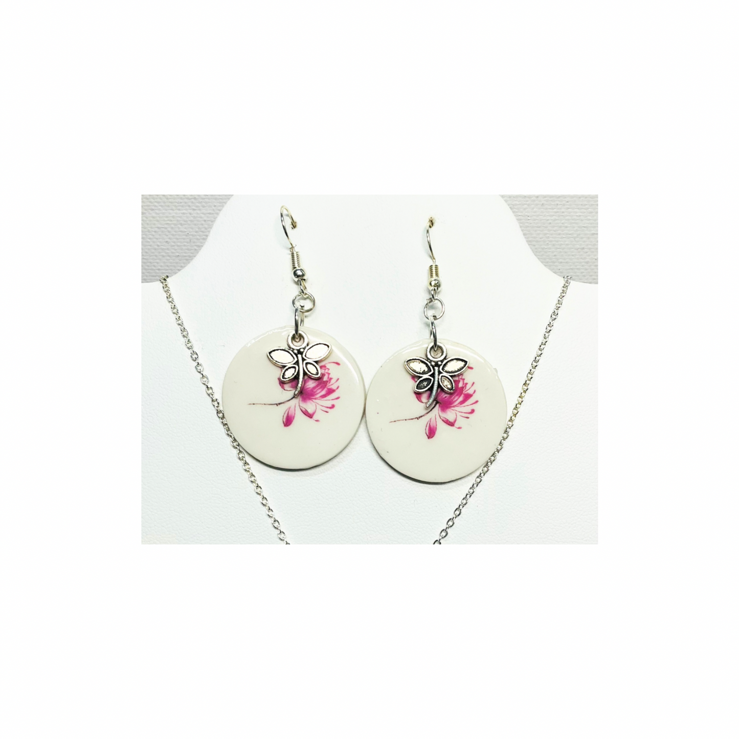 Lotus Flower Earrings and Pendant with Dragonfly Charms
