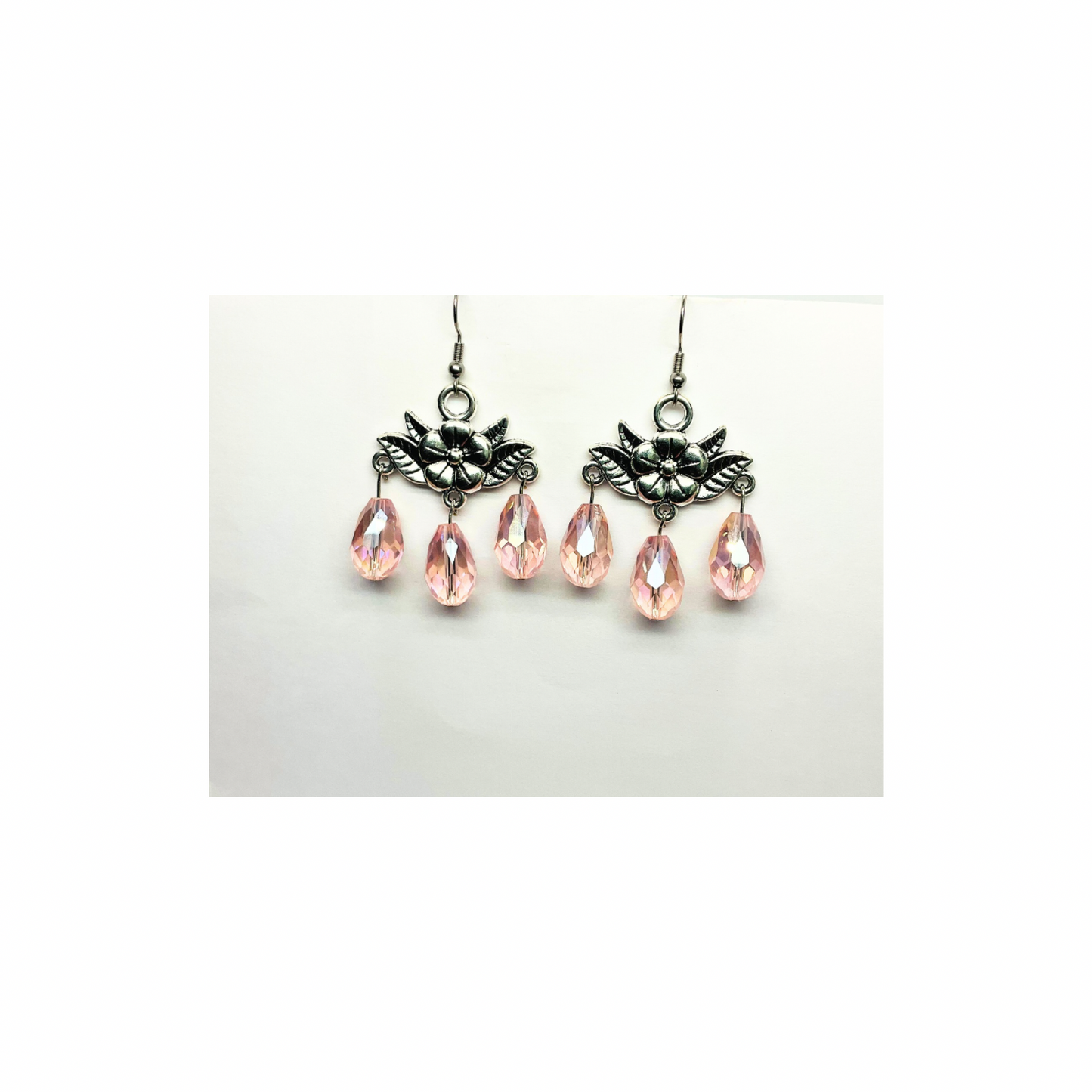 Crystal Chandelier Collection Large Bead Dangle Earrings with Pink Teardrop Design and Detailed Charms