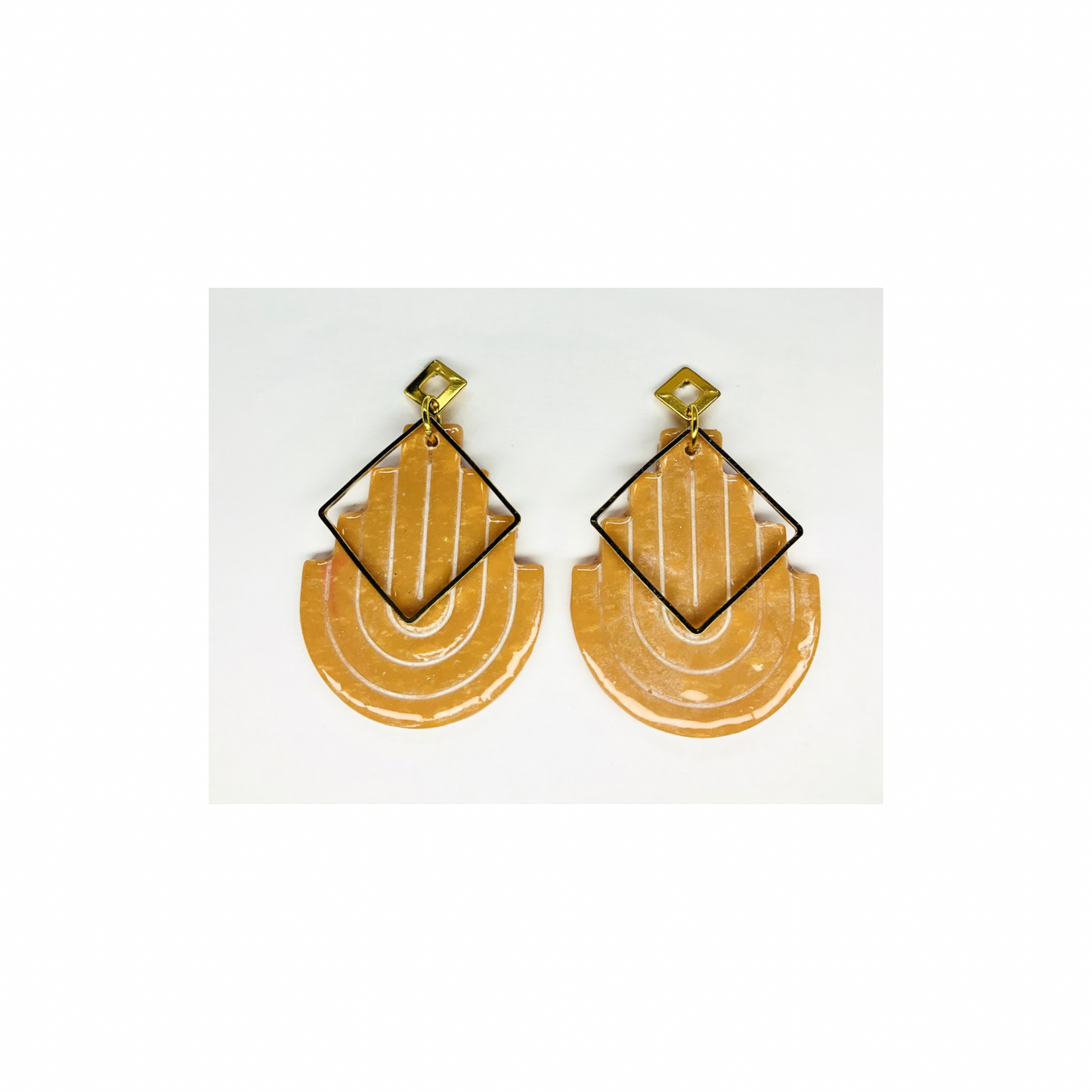 Tan U Shaped Dangle with Gold Embellishment Stus Earrings-Crafting By BB