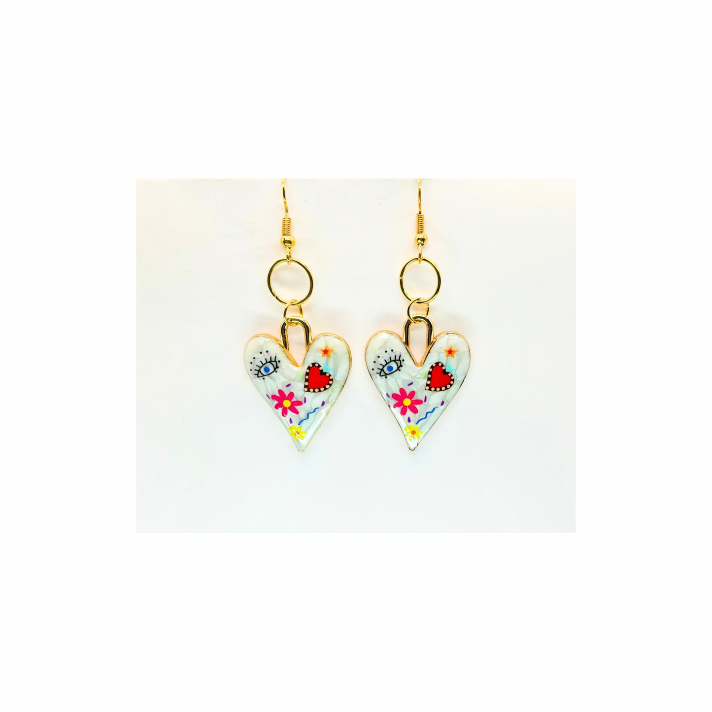 White Metal Dangle with Gold Trim Earrings