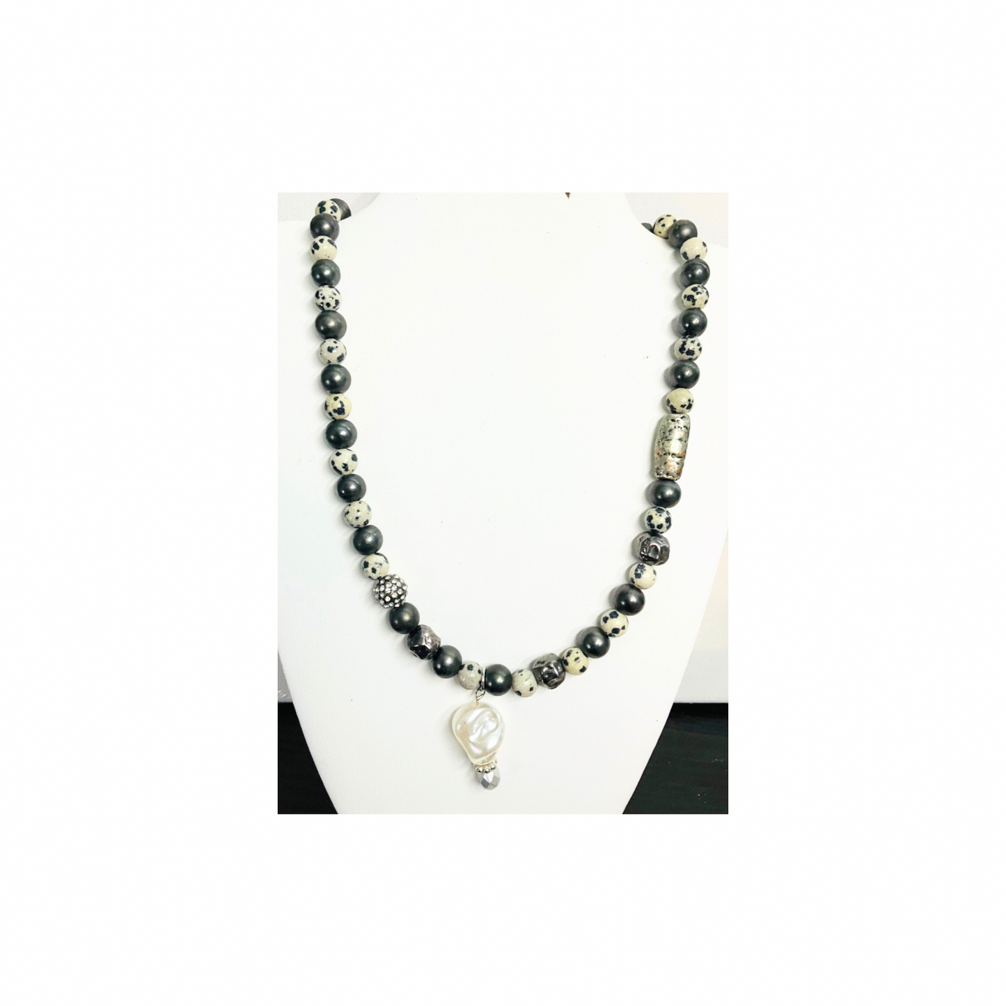 Dark Gray & Pewter Beaded 18-Inch Necklace with Pearl Drop and  Silver Toggle Fastener for Versatile Wear