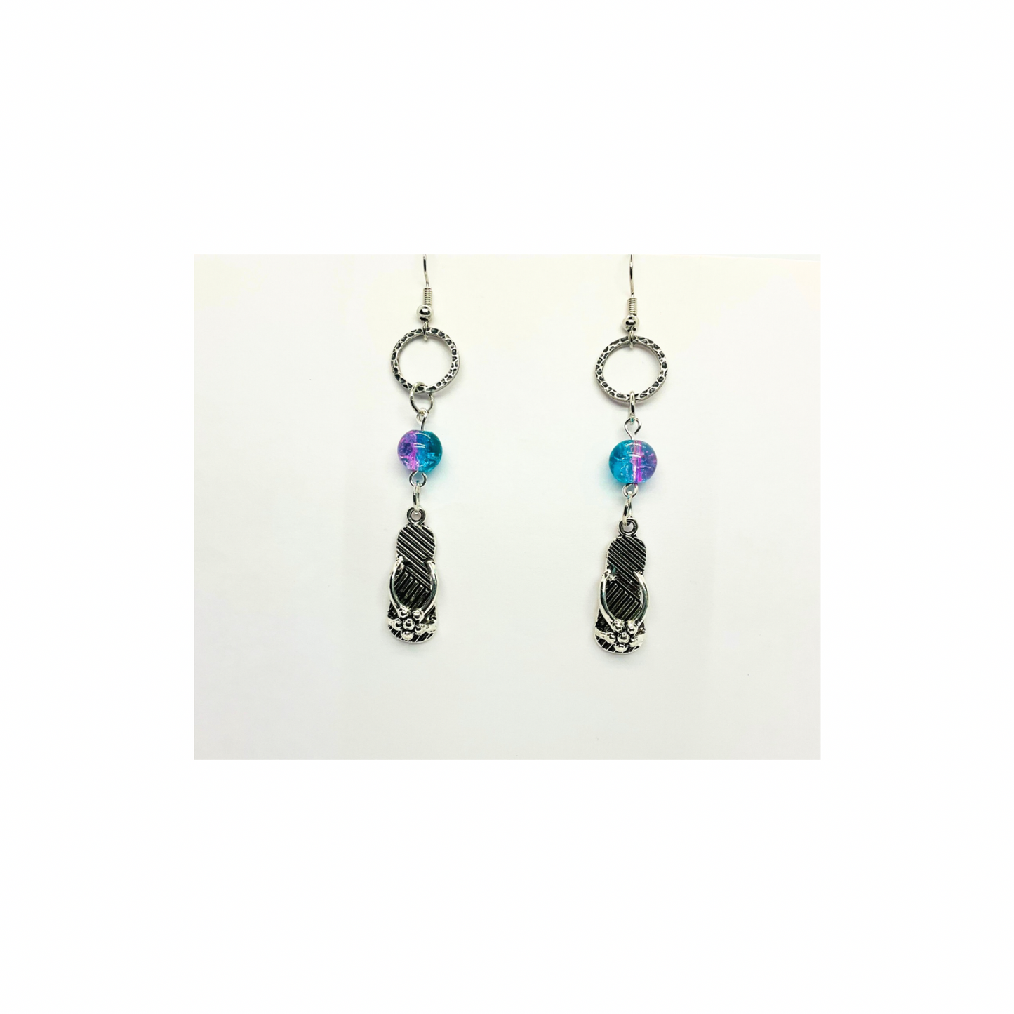Ocean Collection Silver Flip Flops with Crystal Ocean Bead Dangle Earring - Unique Design Earrings