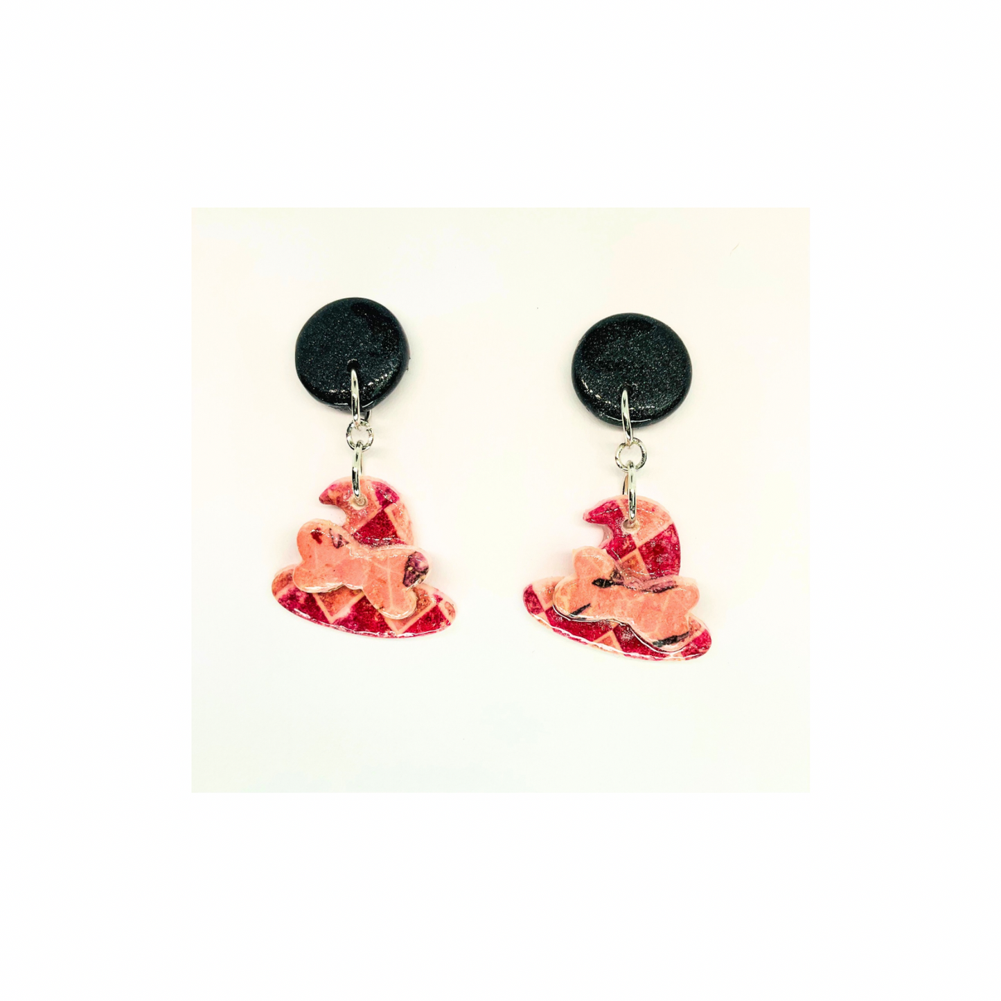 Wizard Collection Check Witch Hat with Bow Stud Earrings for Female - Black & Pink Design